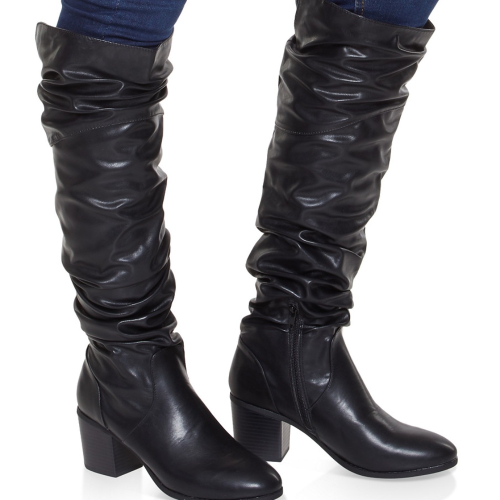 Black Ruched Riding Mid Heel Side Zip Tall Boots